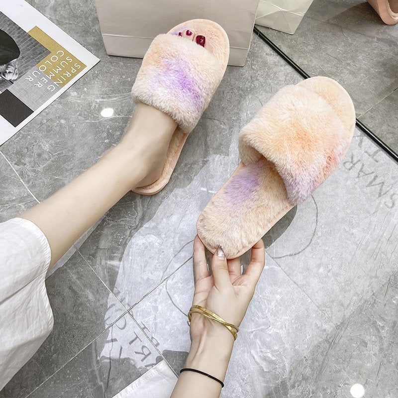 Wholesale Rubber Plush One Word Thin Sole Flat Heel Slippers