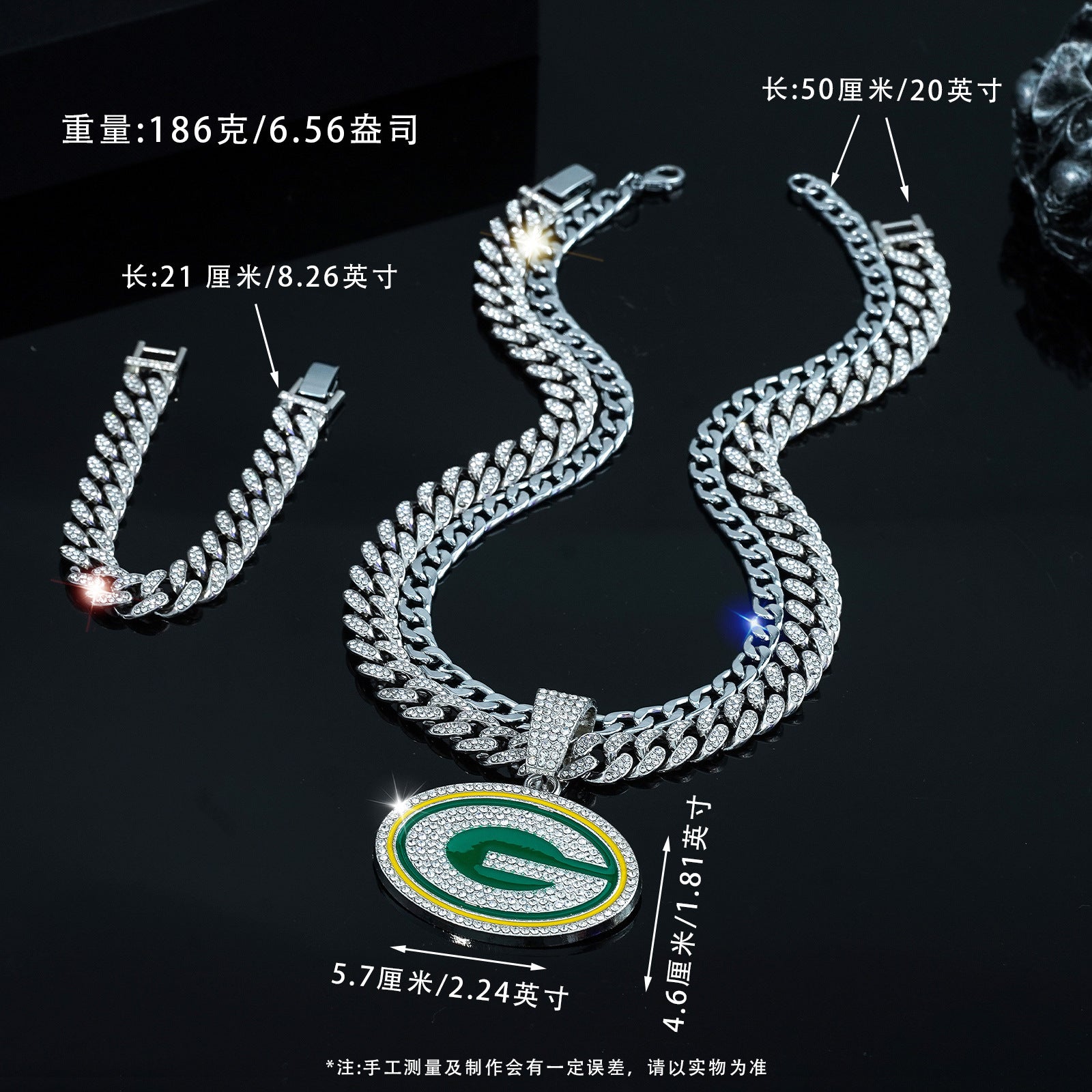 Wholesale Punk hip-hop letter G round diamond necklace and bracelet set