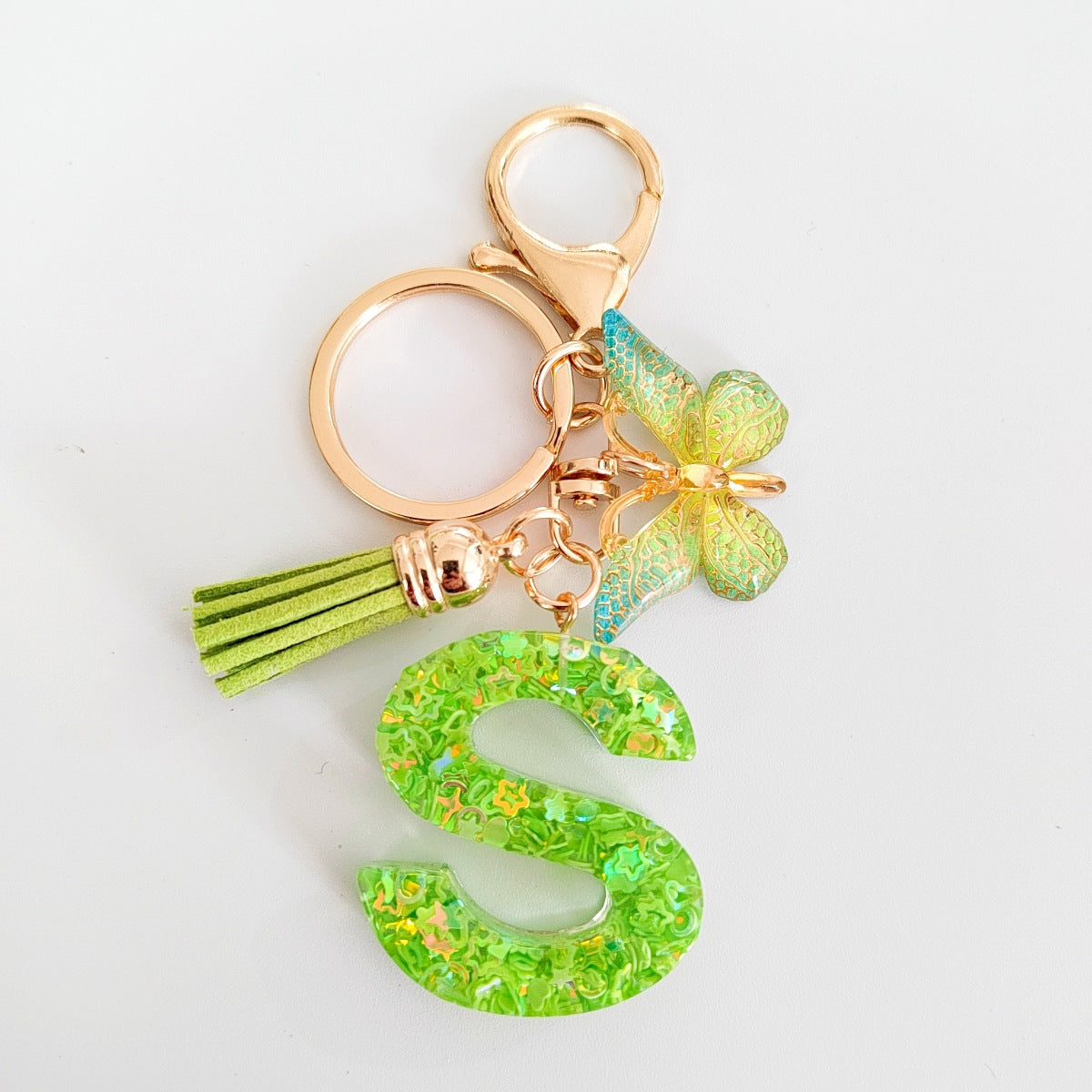 Wholesale 26 English Alphabet Keychain Pendant Green Star Glitter Resin Pendant  Key Chain