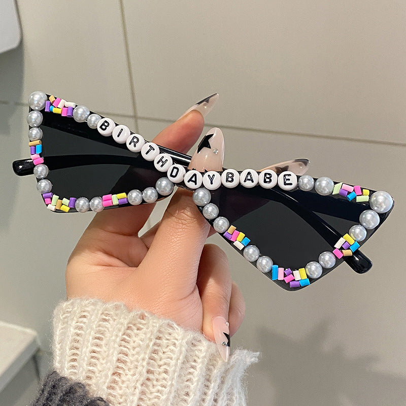 Wholesale Full Diamond Bow Colored Small Frame Birthday Letter Sunglasses
