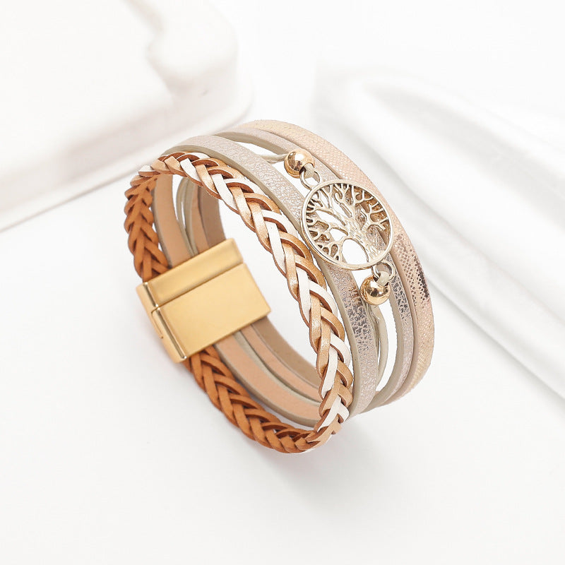 Wholesale Bohemian multi-layered leather hand-woven diamond magnetic clasp bracelet