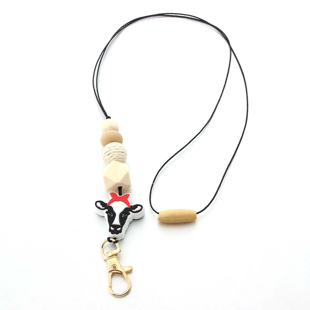 Wholesale Bohemian Style Beaded Silicone Wooden Beads Lanyard Bull Head Keychain