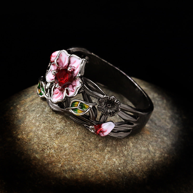 Wholesale Gothic style black gold-plated two-tone flower ring
