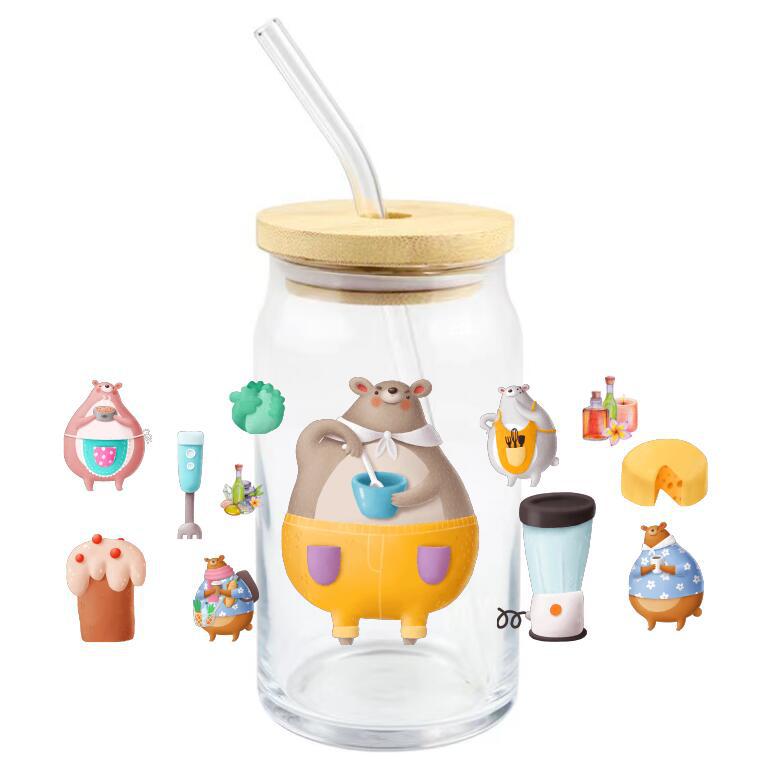 Wholesale 10pcs Cartoon Cute Glass Coffee Cup Sticker 16oz Cup UV DTF Wraps