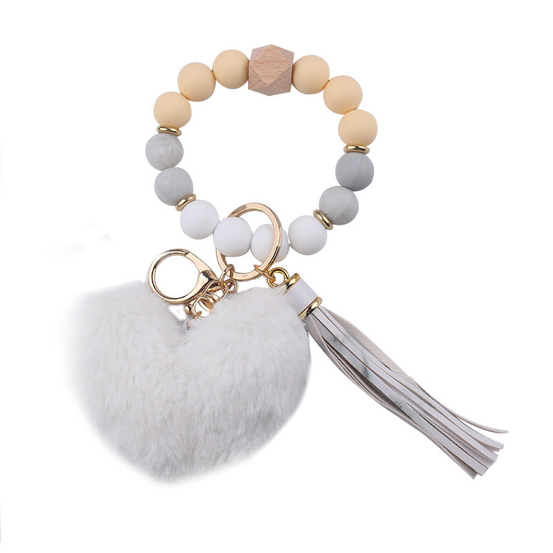 Wholesale Heart Shape Fur Ball Tassel Silicone Beaded Wrist Keychain