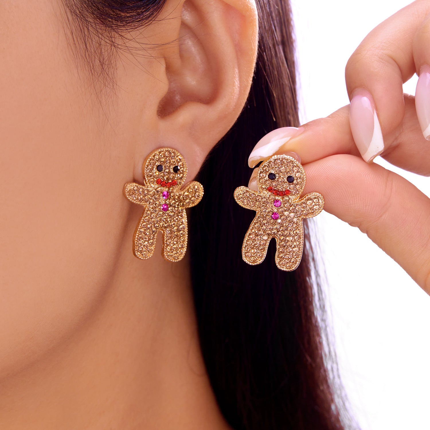 Wholesale Cute Christmas Gingerbread Man Earrings with Full Rhinestones