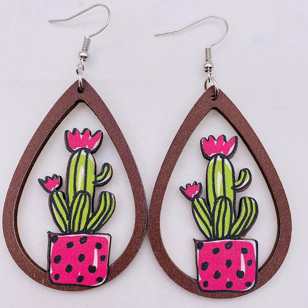 Pendientes de estampado de champiñones alces de cactus de madera de cactus de madera.