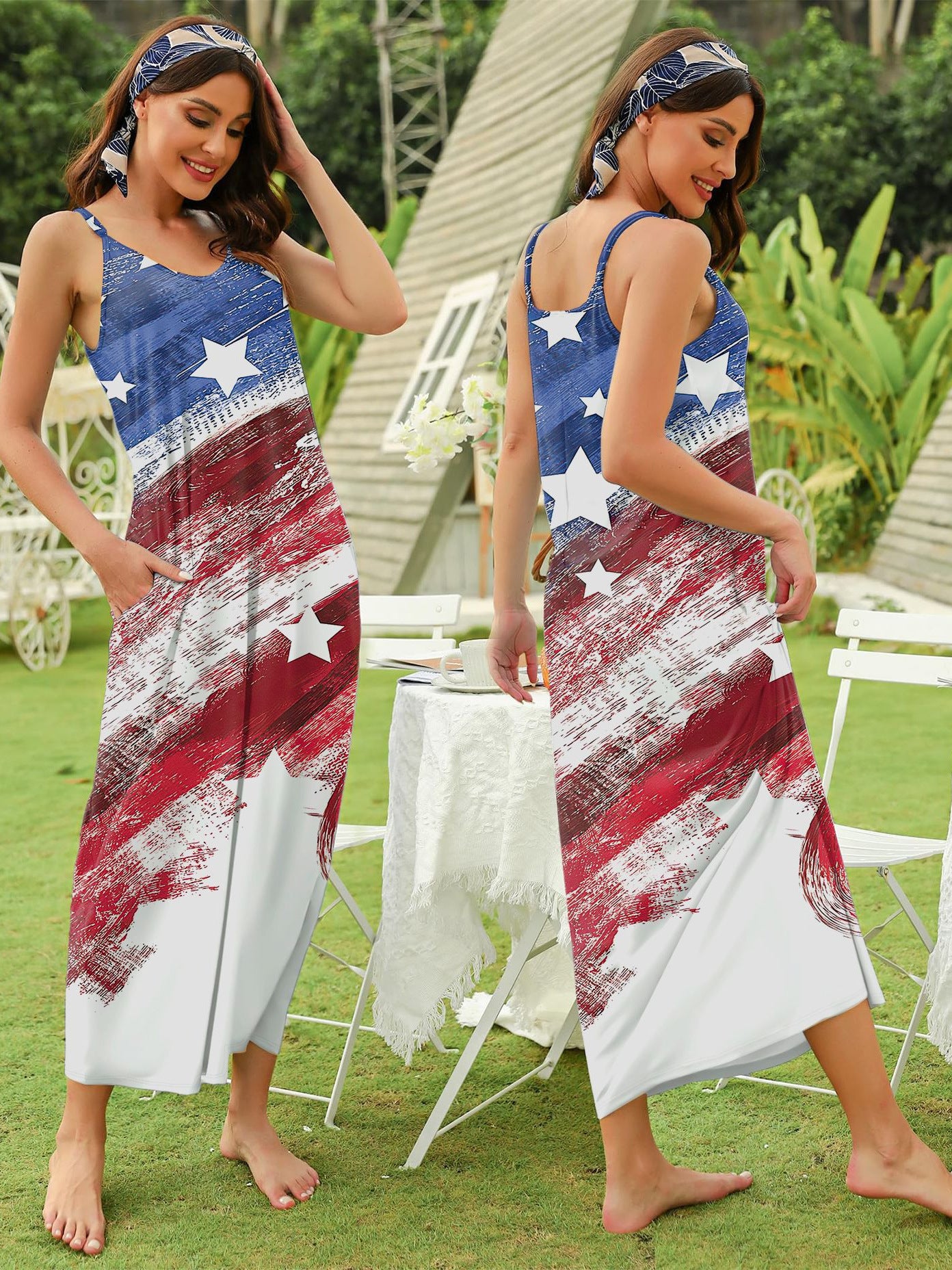 Wholesale Independence Day Flag Printed Suspender Pocket Fashion Dress