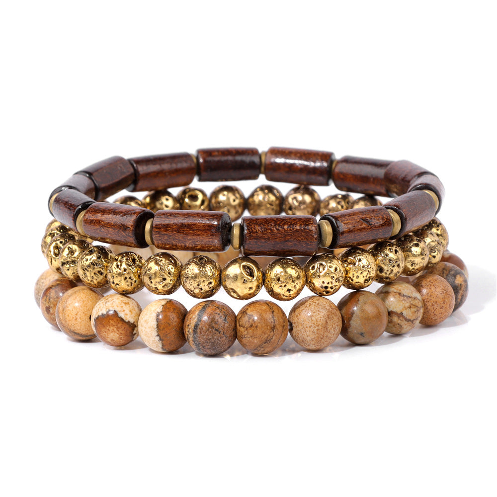 Cuentas de piedra natural al por mayor chapadas de madera de piedra volcánica con brazalete de ágata