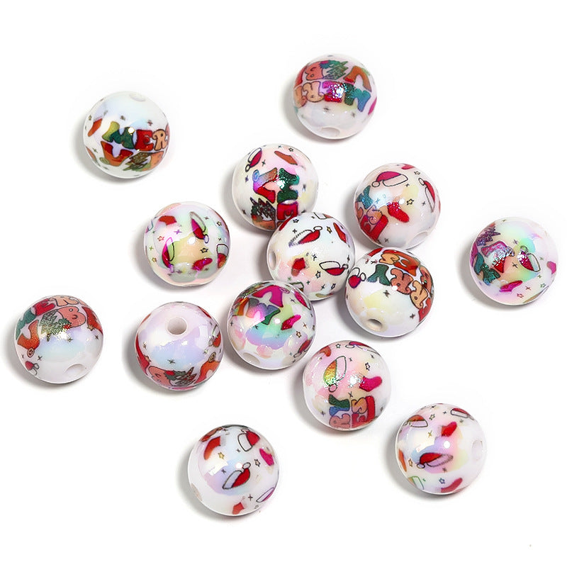 Wholesale100pcs Acrylic Santa Claus Elk Printed Beads DIY Christmas Cartoon Beads