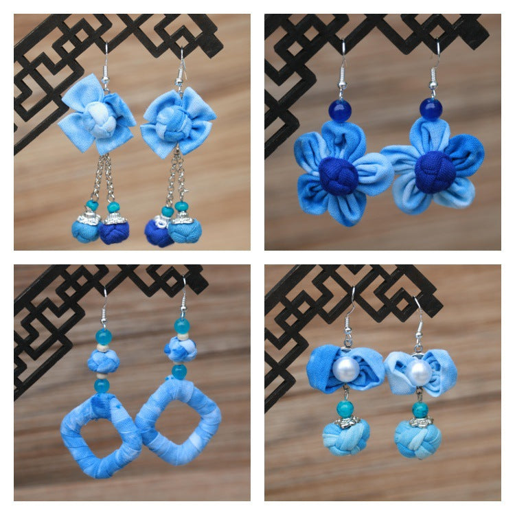 Wholesale Ethnic Style Women' s Blue-Dyed Fabric Earrings  Tie-Dye Mid-Length Earrings