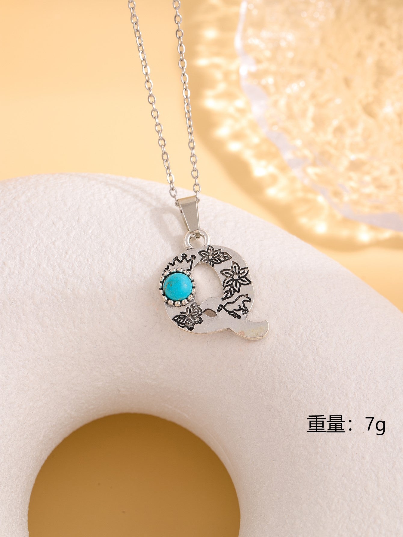 Wholesale Western stainless steel chain cactus turquoise letter necklace