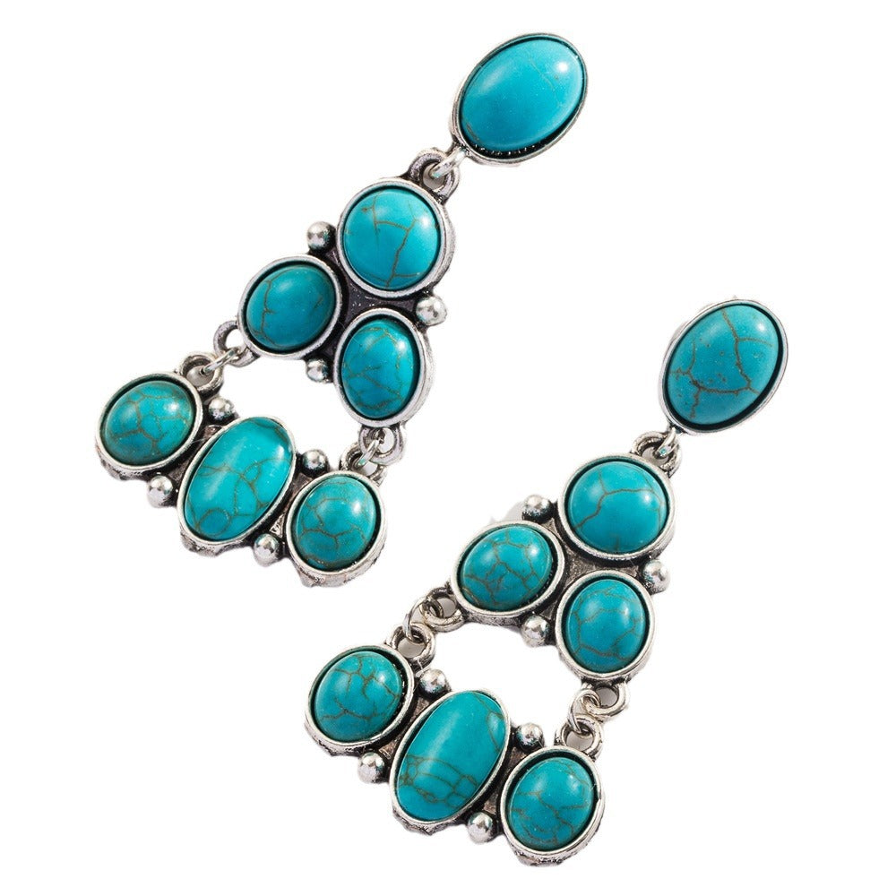 Wholesale Exaggerated turquoise retro layered long earrings