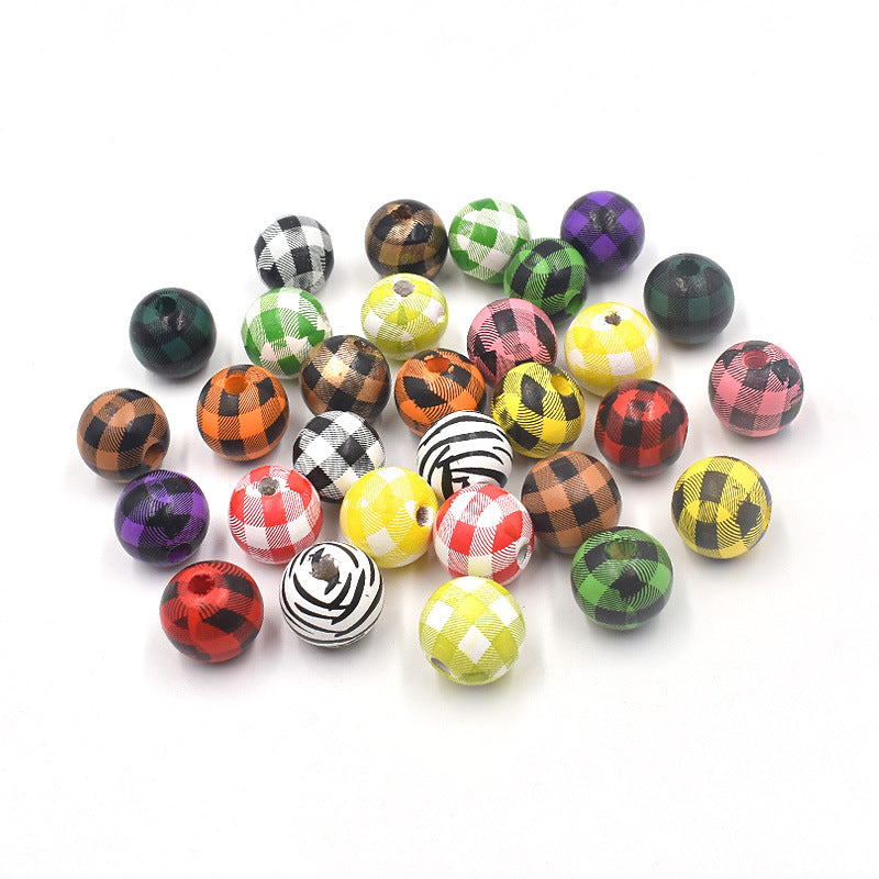 Wholesale 10PCS Houndstooth Wooden Beads DIY Beads Colored Plaid Wooden Beads