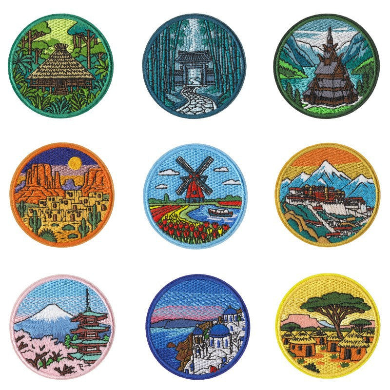 Wholesale Embroidered World Scenery Iron On No Sew Patches Set Of 9 Travel Windmill Badge Chic DIY Clothing Backpack Fashion Accessory Boutique Resale Gift