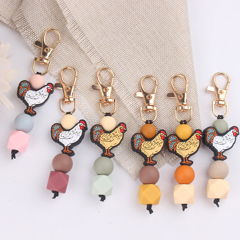 Wholesale Cartoon Rooster Teether Silicone Beaded Keychain