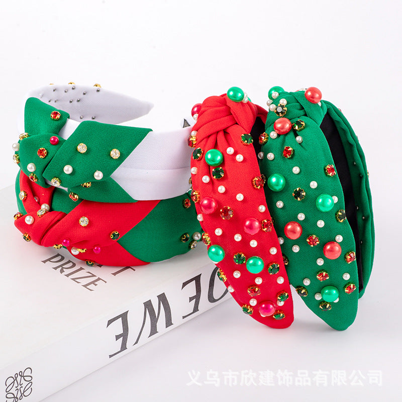 Wholesale Christmas Pearl Red Green Diamond Set Fashion Versatile Trendy Women's Headband