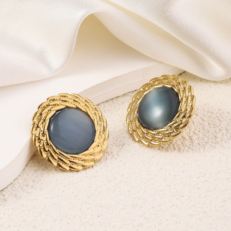 Wholesale Antique Multicolor Round Fried Dough Twists Plated 18k Gold Opal Stainless Steel Earrings