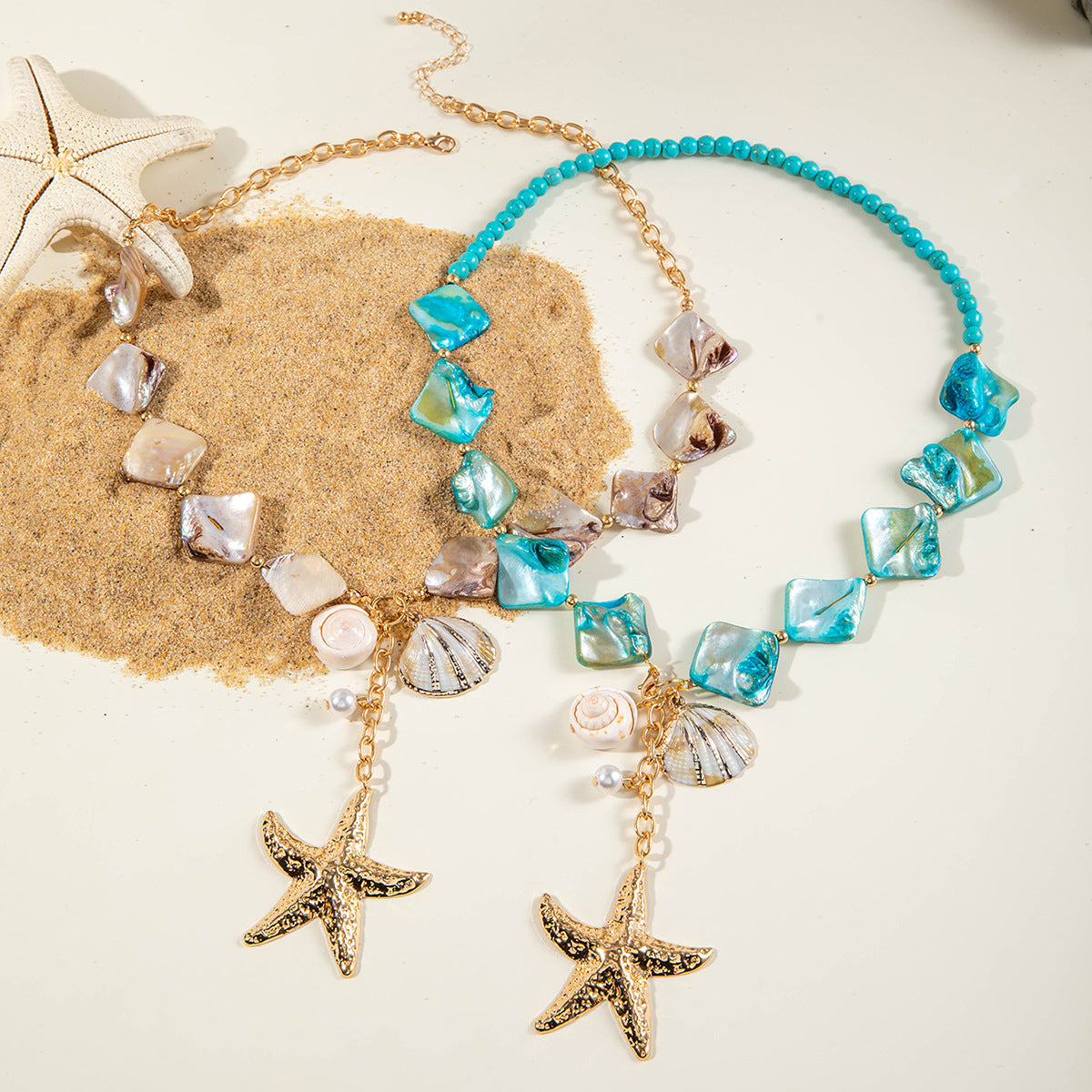 Bohemian Geometric Exaggerated Turquoise Necklace Holiday Style Personalized Starfish Shell Clavicle Chain