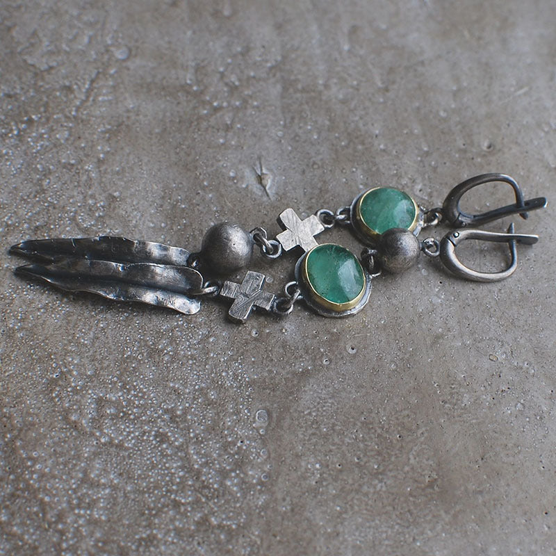 Wholesale Green Stone Cross Feather Metal Pendant Tassel Vintage Earrings