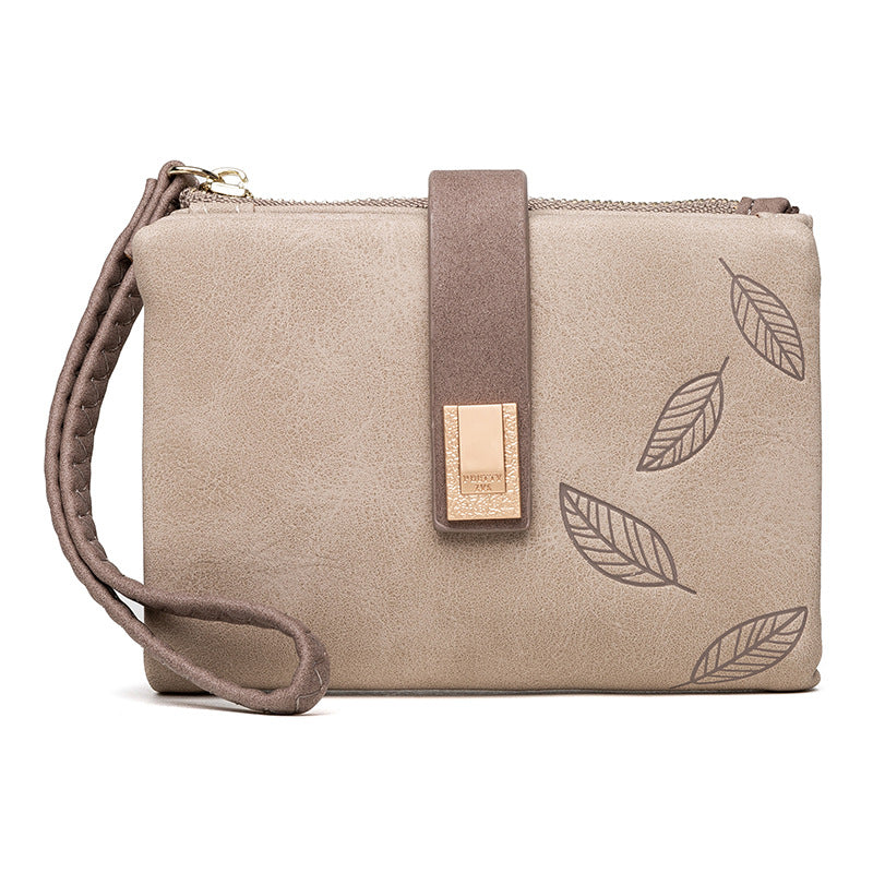 Wholesale Short Matte Leaf Buckle Vertical Zipper PU Wallet