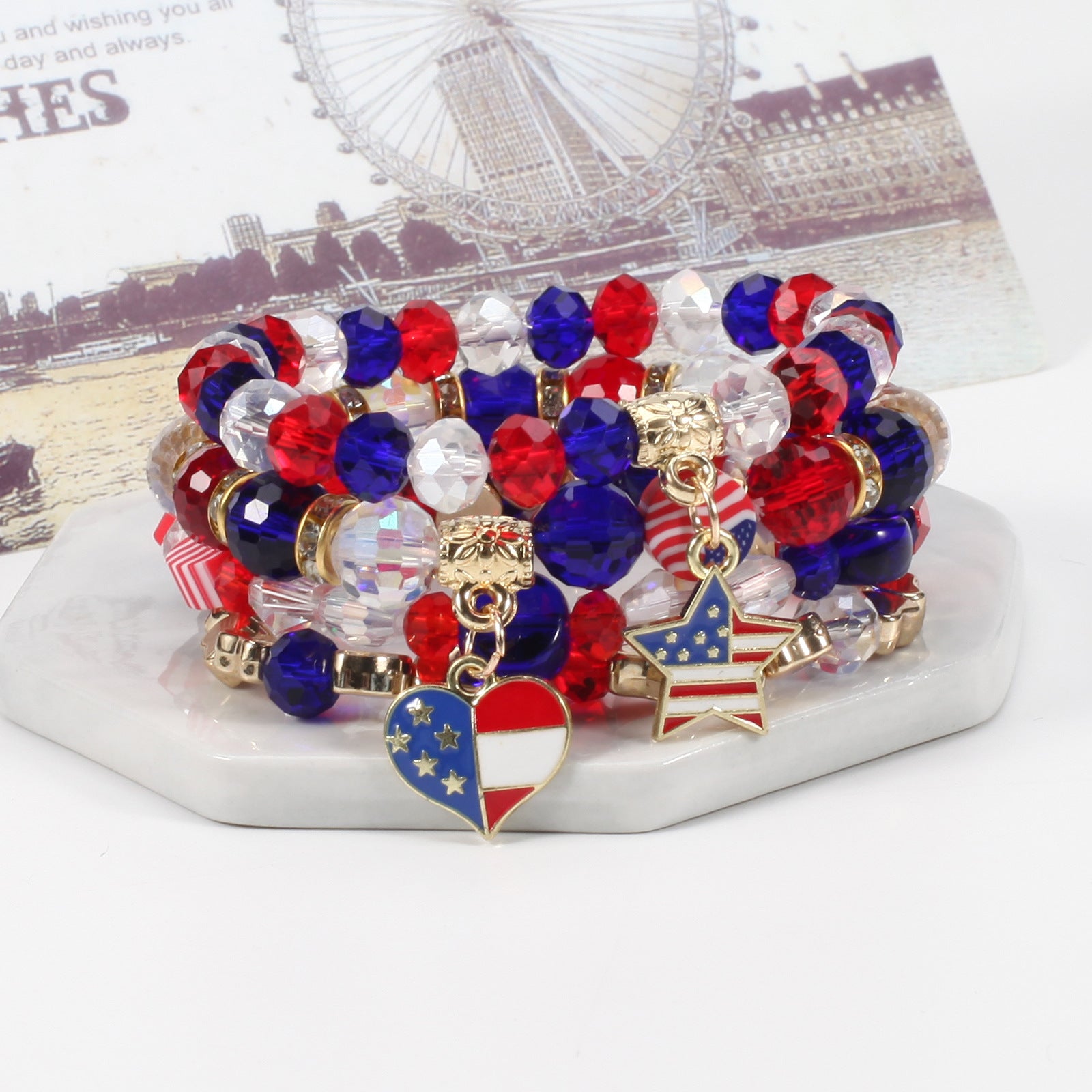 Wholesale American Independence Day Multi-layer Beaded Elastic Bracelet