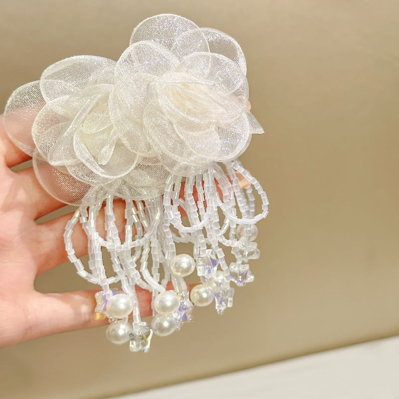 Wholesale Fabric flower super fairy handmade beaded fairy small fresh flower silver needle earrings