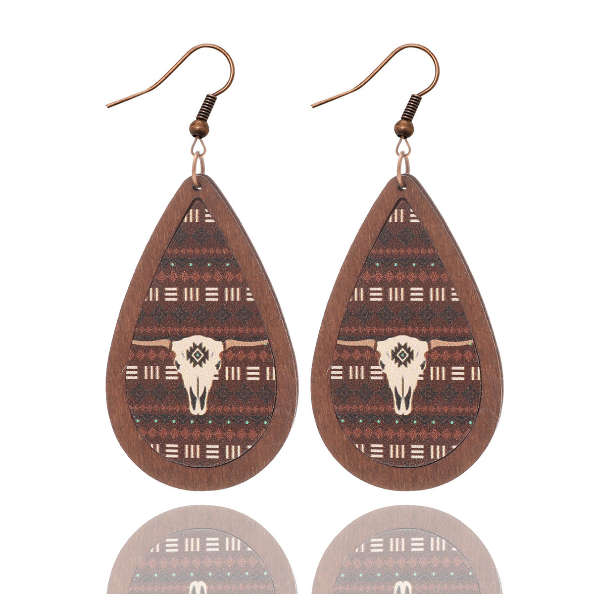 Wholesale Western farm style cowboy cactus bull head retro totem pattern leather wood earrings