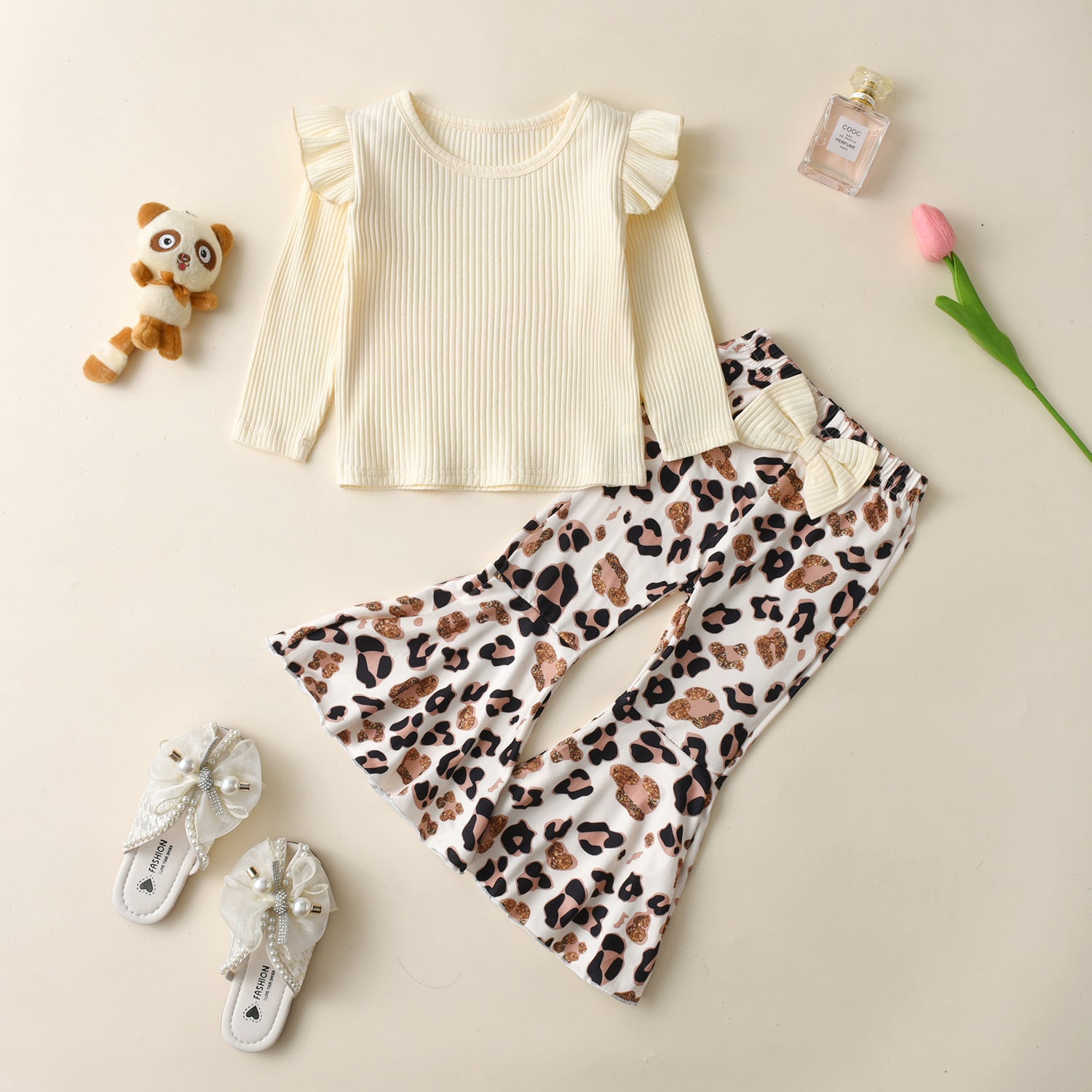 Wholesale Cotton Children's Tops Leopard Print Flared Pants Set