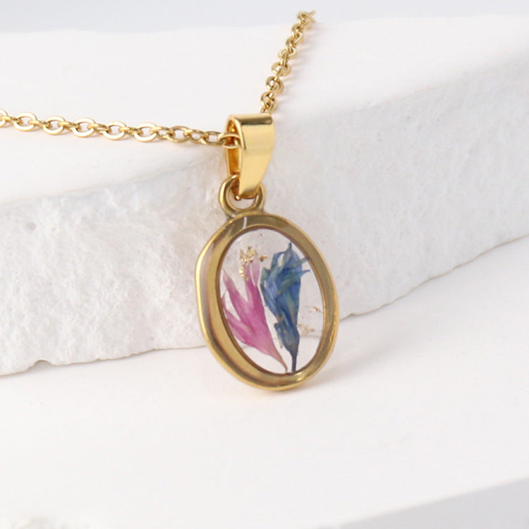 Wholesale 6pcs/pack Summer New Style True Flower Necklace Sweet Style Small Fresh Color True Flower Pendant Stainless Steel Resin Eternal Flower Jewelry