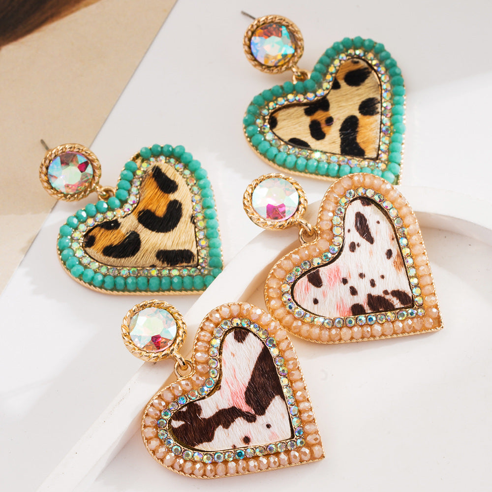 Wholesale Vintage Leopard Leather Diamond Heart Earrings
