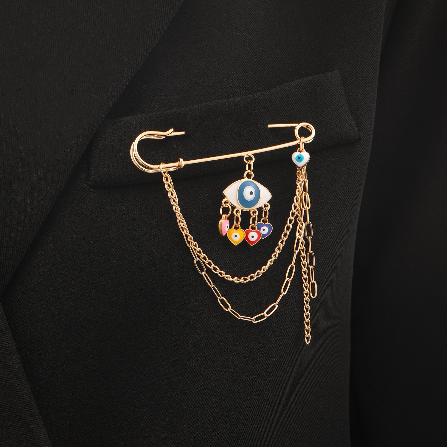 Wholesale Electroplated Alloy Heart Brooch Pin With Chain Tassel Unisex Punk Style Suit Coat Accessory