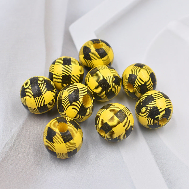 Wholesale 10PCS Houndstooth Wooden Beads DIY Beads Colored Plaid Wooden Beads