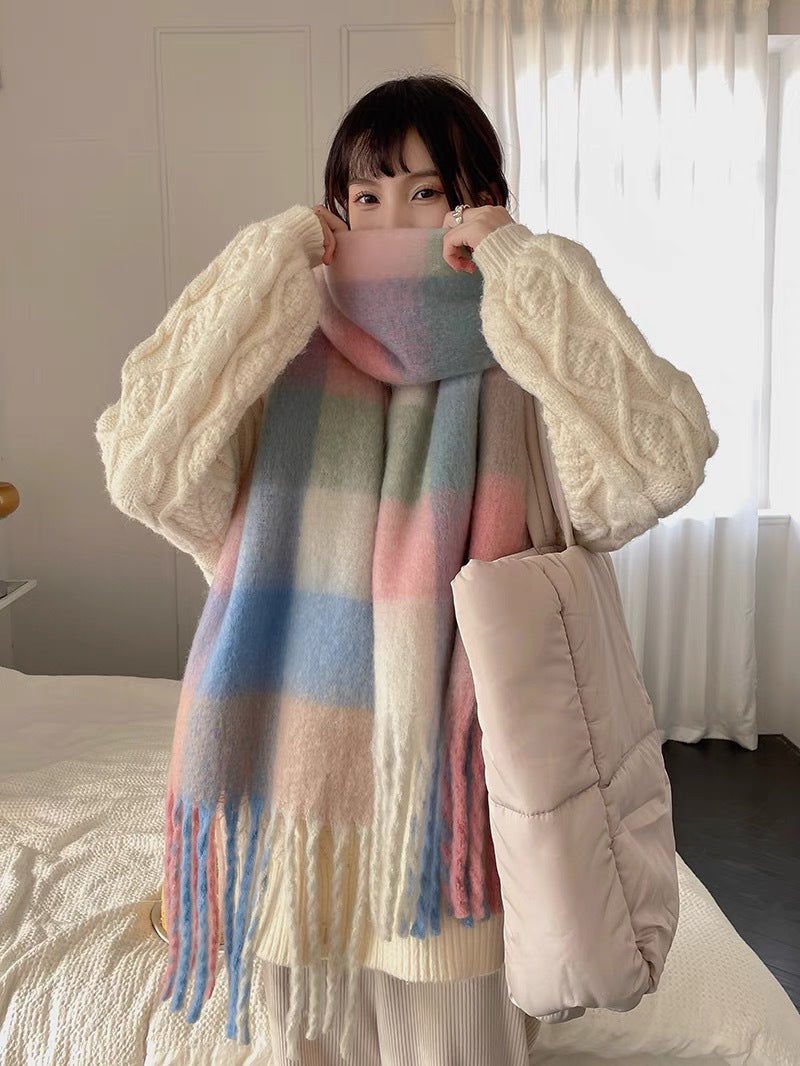 Wholesale New Winter Plaid Color Contrast Stripe Long Thickened Warm Hoop Yarn Plaid Scarf