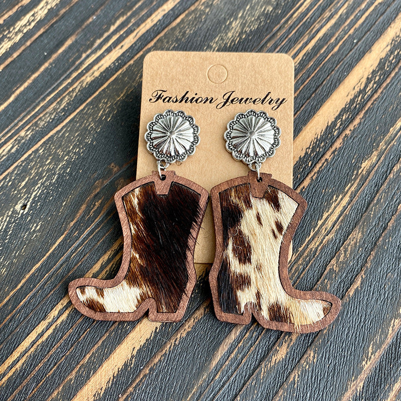Wholesale Western Style Western Cowboy Boots Leopard Print Cow Print Earrings