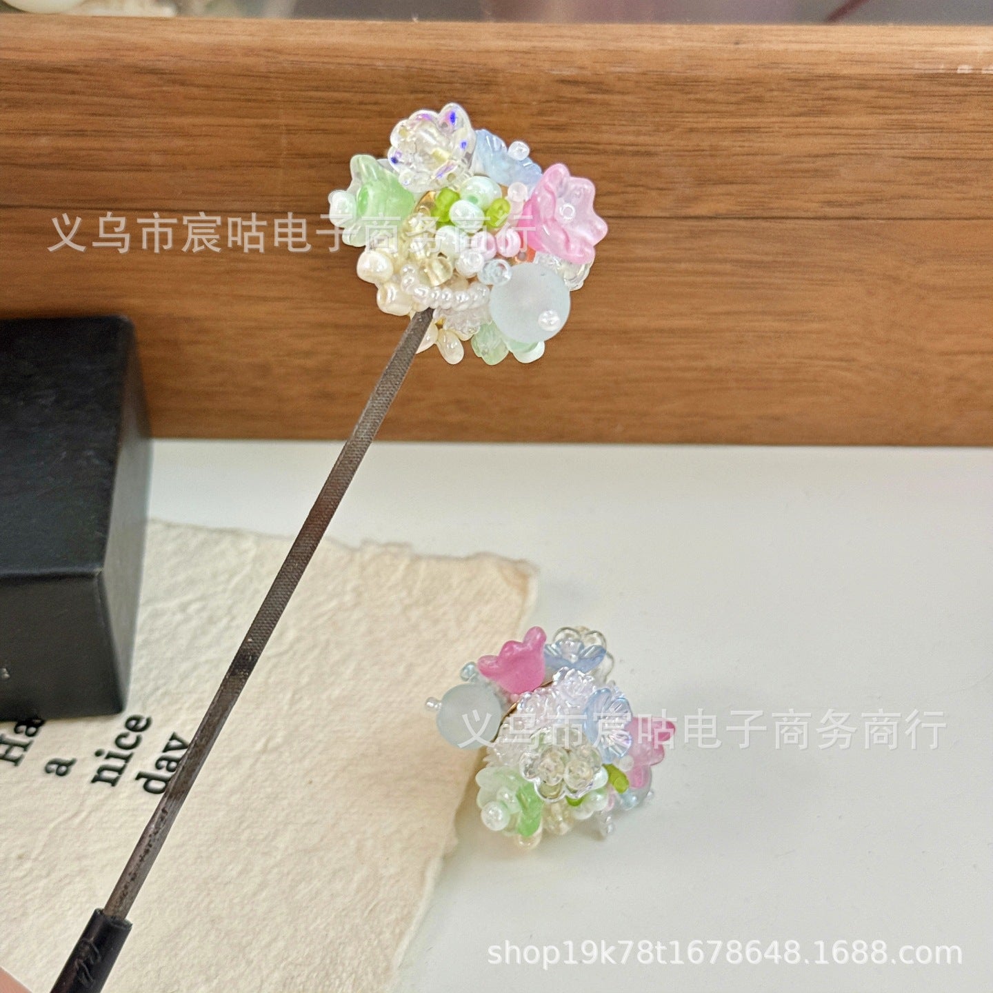 Wholesale 2pcs Pink and Green Fresh Flower Cluster Clay Through-Hole Beads DIY