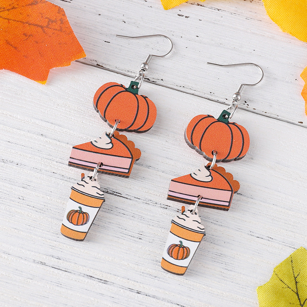 Wholesale Autumn Harvest Thanksgiving Triple Pendant Earrings Wooden Double-Sided Earrings