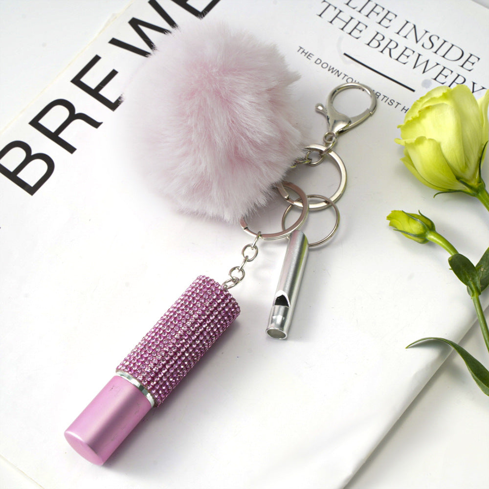 Wholesale Fur Ball Rhinestone Perfume Bottle Whistle Combination Keychain