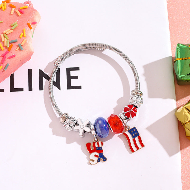 Wholesale American Flag Love Balloon Pendant Stainless Steel Beaded Bracelet