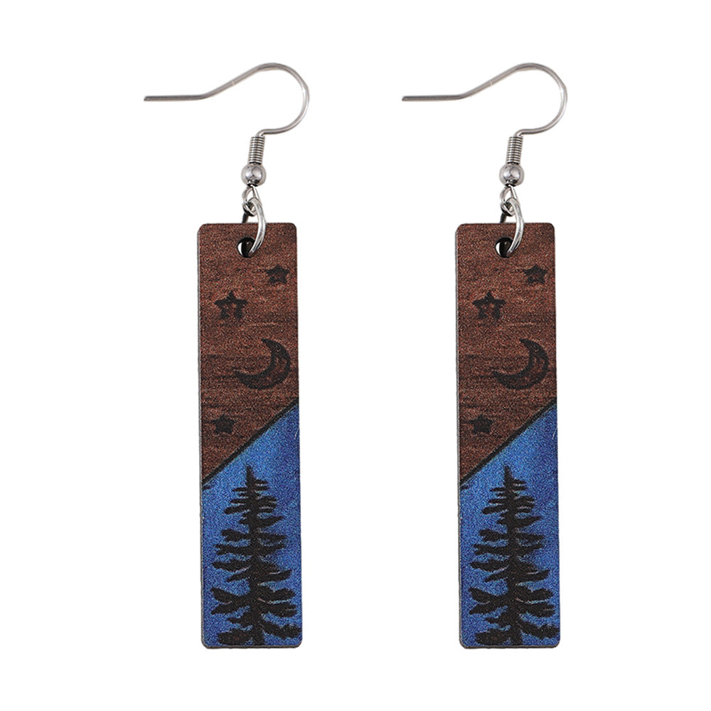 Wholesale Western style pine tree star moon rectangular geometric wooden earrings