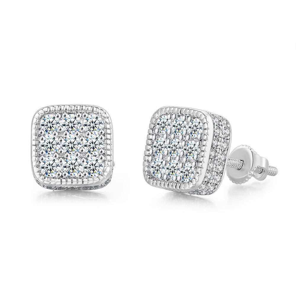 Wholesale Square Hip Hop Full Diamond Zircon Thread Earrings Stud Earrings