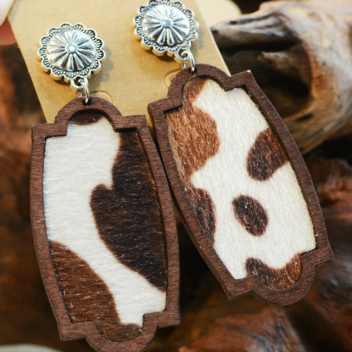 Wholesale Turquoise Inlaid Western Cowboy Earrings Plush Cow  Semi-Circle Cut Out Leopard