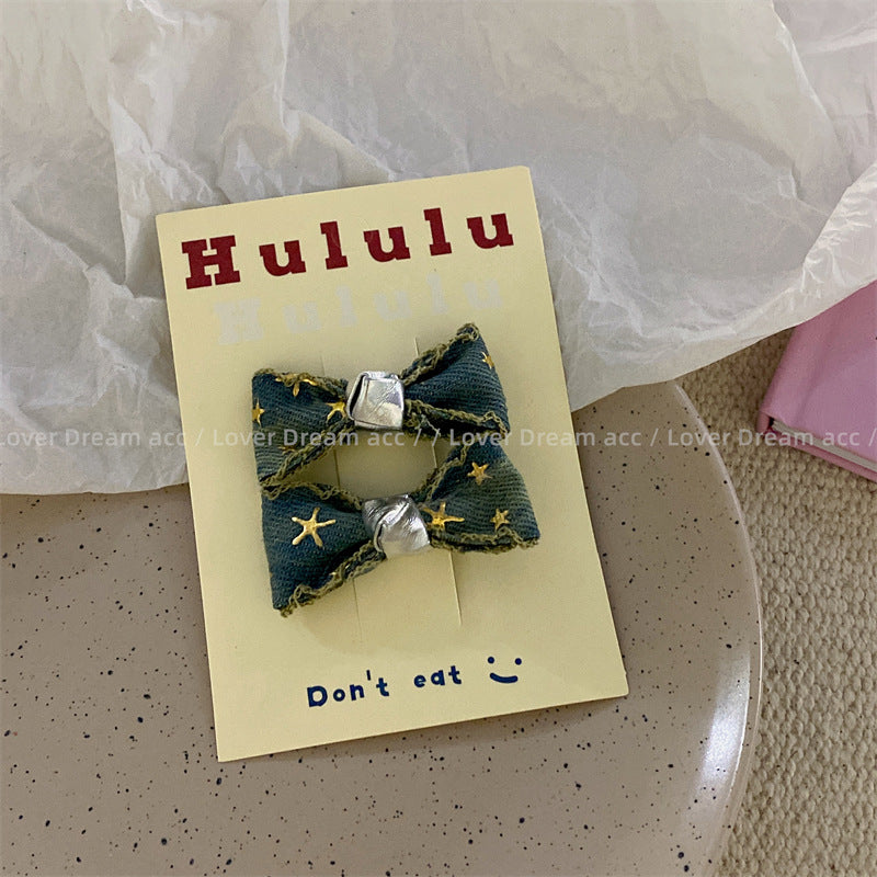 Wholesale Retro Star Denim Bow Fabric Hair Clips