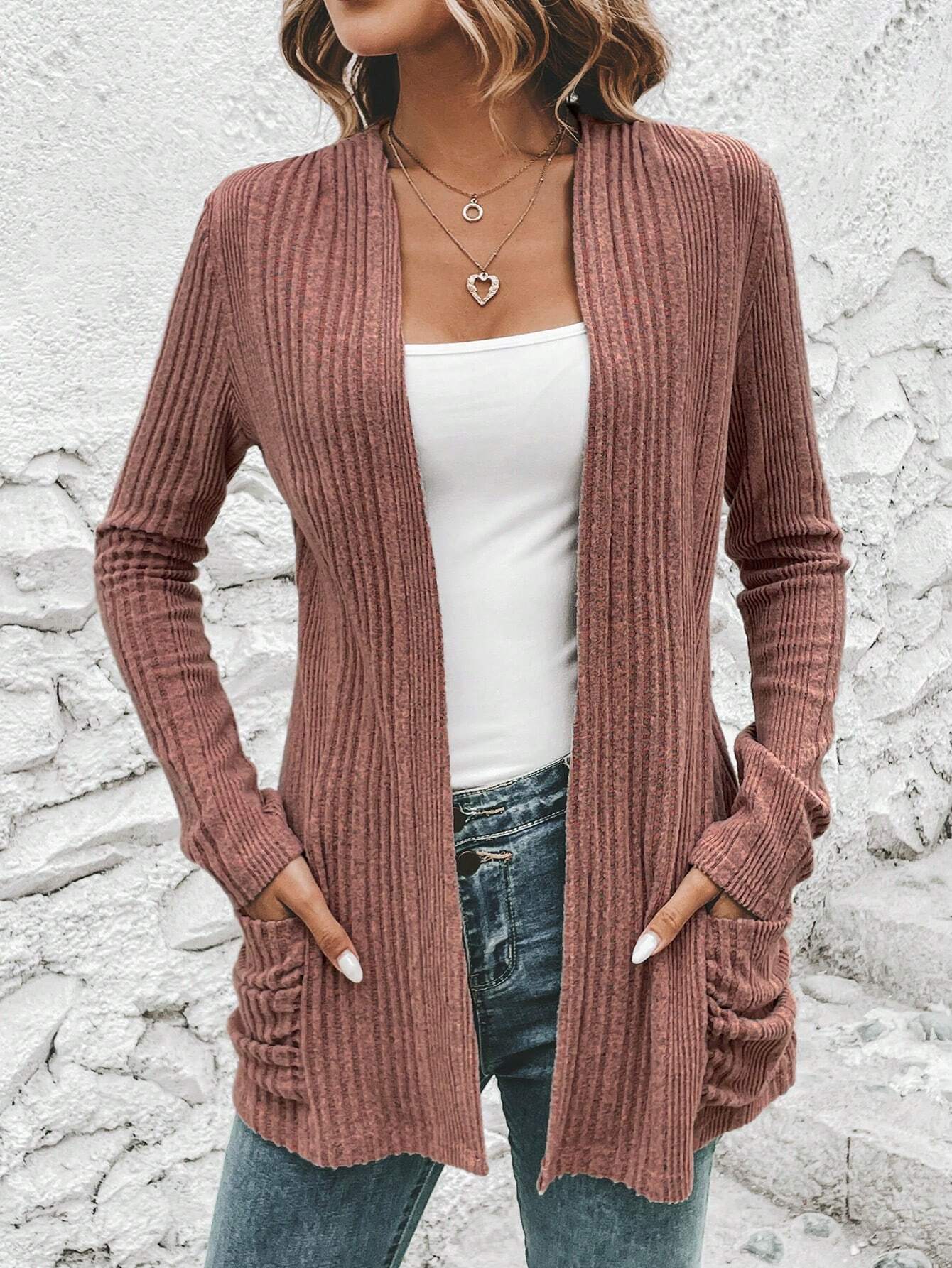Wholesale Polyester European and American Autumn and Winter New Style Long-sleeved Solid Color Mid-length Knitted Cardigan Pocket Coat Sweater for Women