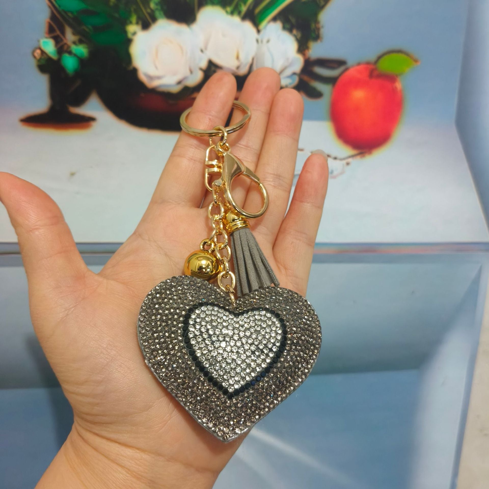 Wholesale Heart-shaped Rhinestone Leather Keychain