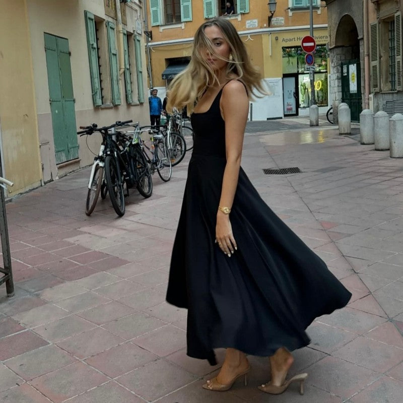 Wholesale  Summer New Solid Color Square Collar Sleeveless Sling Long Fashion Women's dress