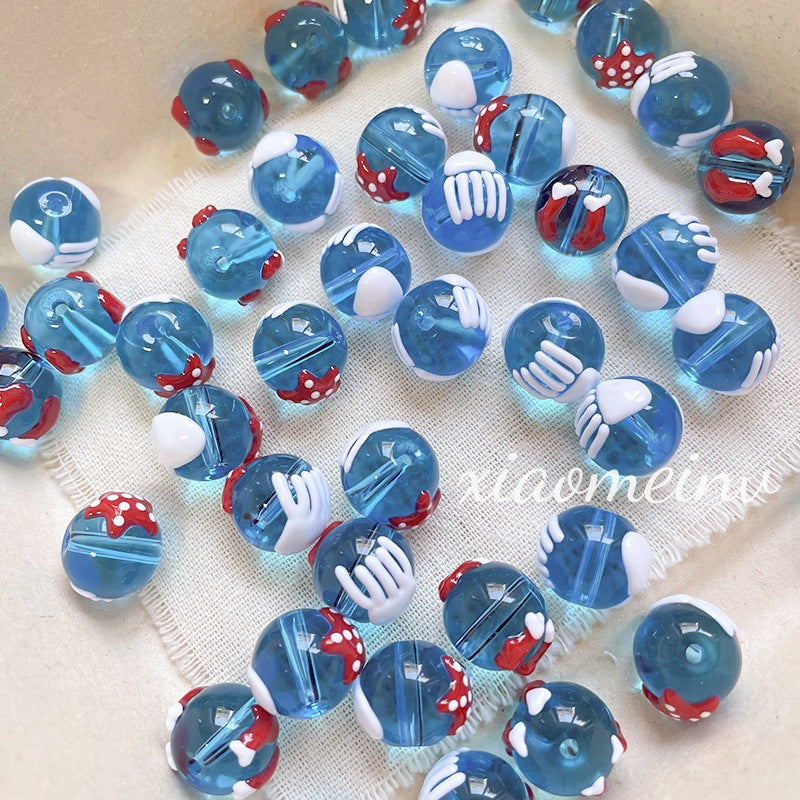 Wholesale 10pcs ocean hand drawn transparent blue jellyfish starfish glass beads