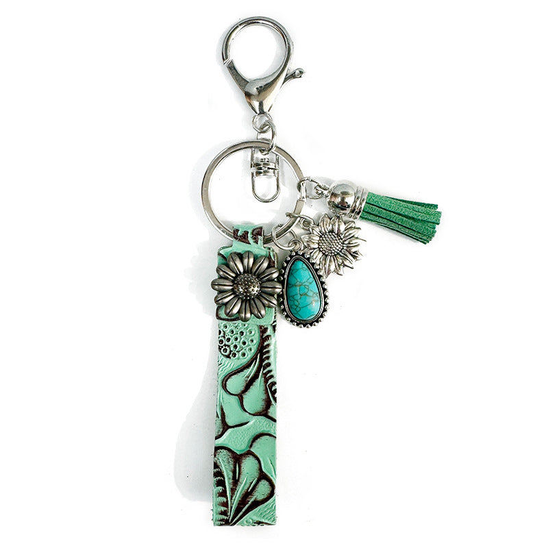Wholesale Western Cowboy Vintage Genuine Leather Turquoise Cowhide Keychain