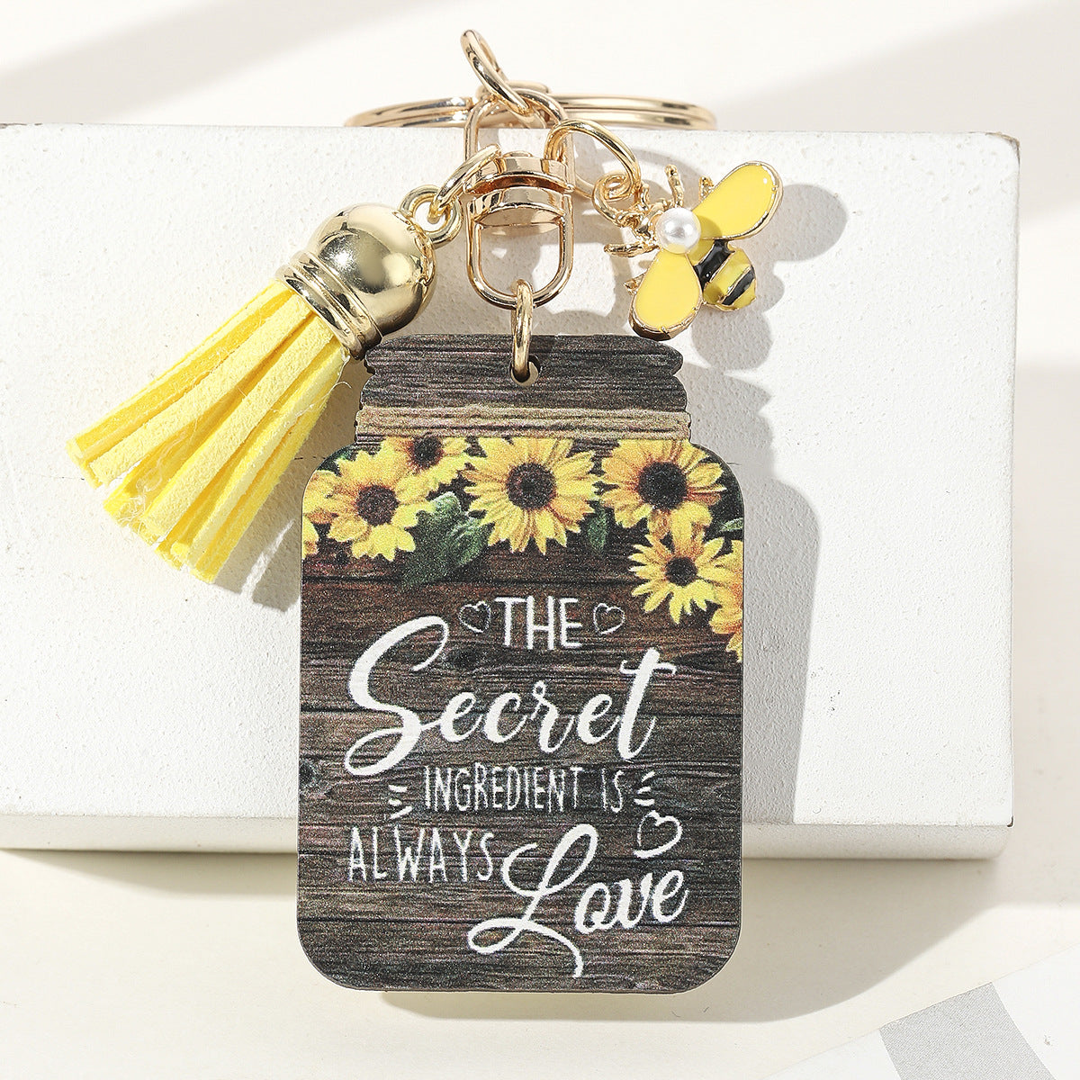 Wholesale Wooden Sunflower Slogan Bee Honeypot Color Printed Keychain