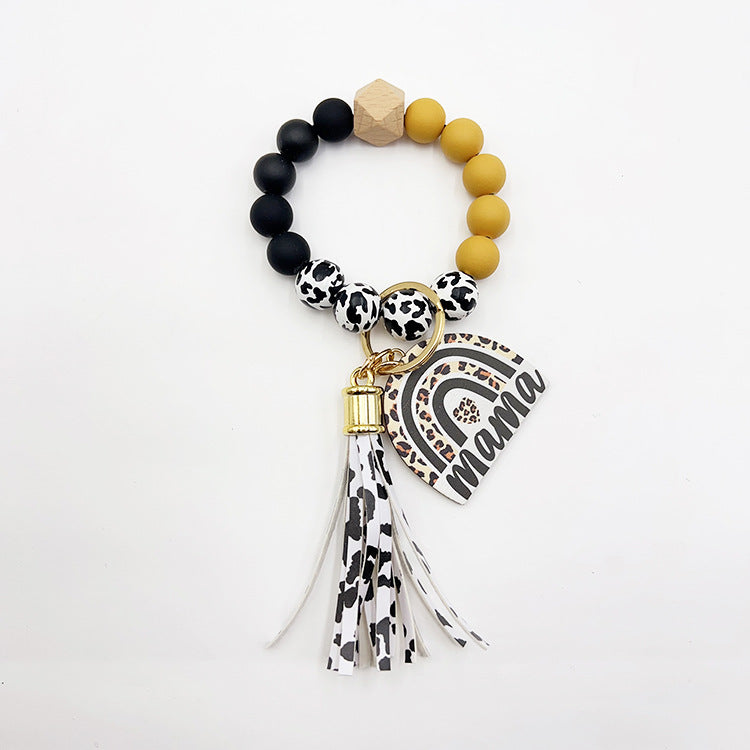 Wholesale Lacquer Round Beads Cow Pattern Wooden Beads Rainbow Wooden Sign Tassel Bracelet Keychain